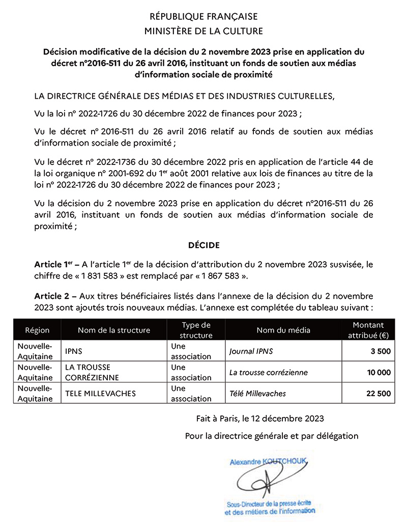 Decision rectificative Ministre FSMISP 2023